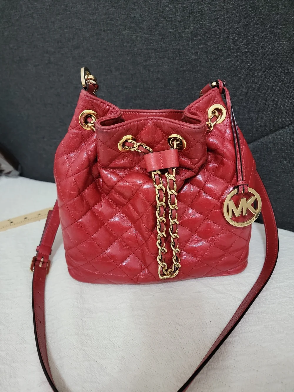 Michael Kors Red Quilted Leather Drawstring Shoulder Bag with Gold Chain